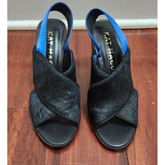 Kat Maconie Black Pony Hair Slingback Heels Gold Block Heel Blue Strap Sz 38 / 7 - Picture 4 of 15